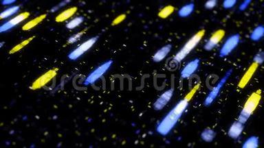 黑色背景下移动霓虹灯斑点和粒子的多色抽象动画。 动画。 无缝动画